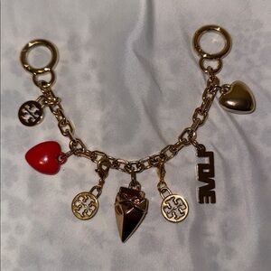 Tory Burch Gold Chain with Red Heart Charms & 2 Extra Tory Burch logo charms